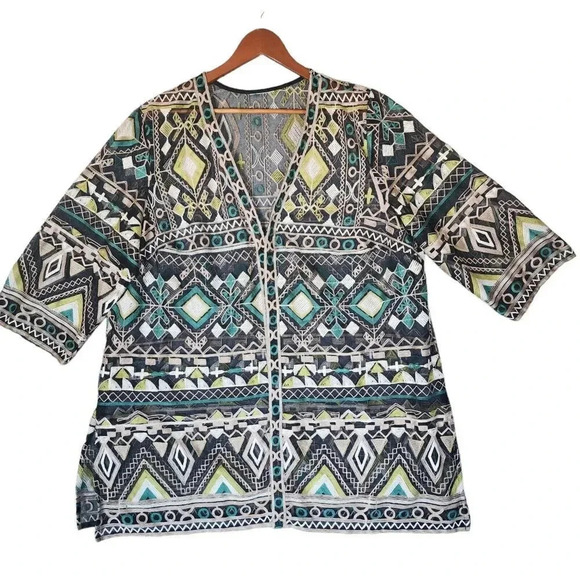 Catherine Top Women's Black Green 3/4 Sleeve Aztec Pattern Kimono Embroidered - Picture 2 of 11